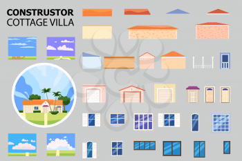 Conctructor villa elements, door, windows, walls, roof. Set creator architecture real estate, build cottage, vector illustration isolated