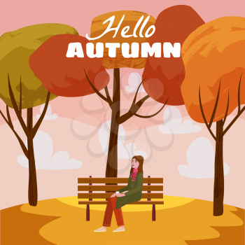 Happy girl sitting on a bench with a cup of coffee, under a tree with falling yellow leaves in a park. Vector, illustration, isolated poster