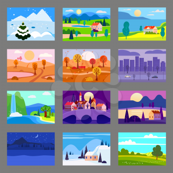 Collection of seasons landscapes winter, spring, summer, autumn. Rural, mountaines, field, city, sea, snow, hot, rain, night. Vector minimalistic flat illustration isolated