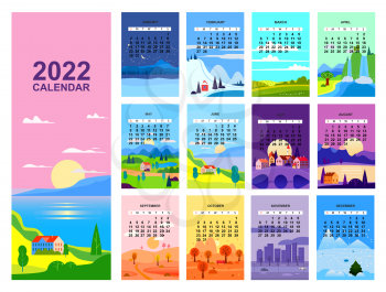 2022 Calendar landscape natural backgrounds of four seasons. Winter wonderland, Fresh on Spring, Hot sunny day on Summer, Autumn with leaves falling. Set minimalistic cartoon flat design seasons background isolated