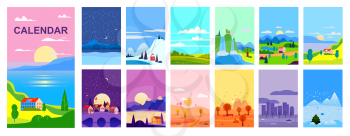 Calendar landscape natural backgrounds of four seasons. Set 12 minimalistic cartoon flat design seasons background isolated