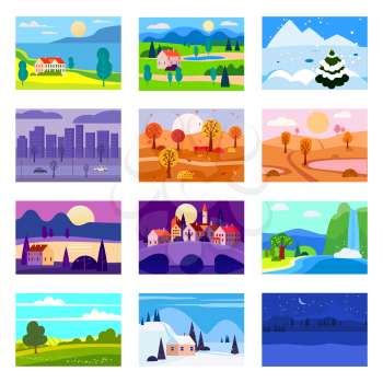 12 minimalistic calendar landscape natural backgrounds of four seasons winter, spring. summer, autumn. Set cartoon flat design seasons background isolated