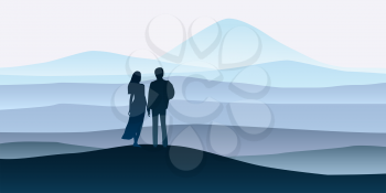 Young couple in scenic Landscape hills mountaine valley silhouette panorama horizon minimal style. Man and woman are looking at the new goals