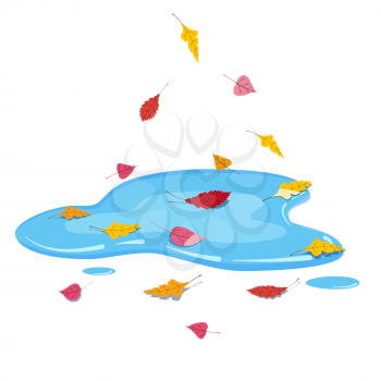 Autumn puddle with falling colorful leaves. Vector illustration isolated
