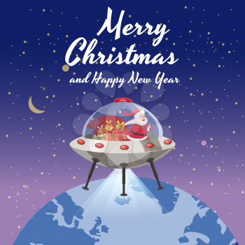 Merry Christmas Santa Claus flying in UFO spaceship flying saucer with gift boxes in space Earh night