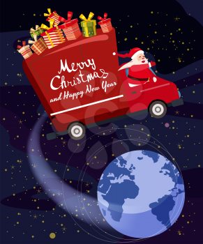 Merry Chrismas Santa Claus Van flies through the night sky above the Earth delivering gifts