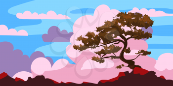 Sunset tree silhouette on a cliff, clouds after rain. Landscape evening panorama horizon, color, distance. Vector illustration