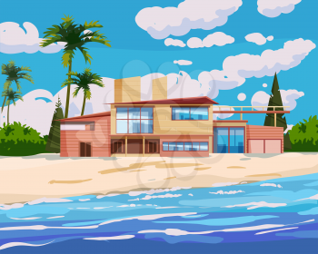 Villa on tropical exotic island coast. Modern luxury cottage, ocean, beach, palms and plants, summertime landscape seachore. Vector illustration cartoon style