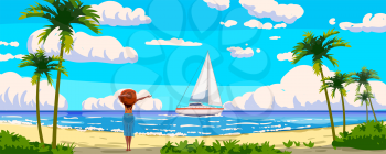 Tropical resort landscape panorama, woman on the beach, sailboat. Sea shore sand, exotic palms, coastline, clouds, sky, summer vacation. Vector illustration cartoon style isolated