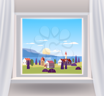 Open window interior home with a sunset sea ocean landscape, town, houses, mountains, trees, exotic. Tropic summer landscape from view the window with curtains. Vector illustration flat cartoon style