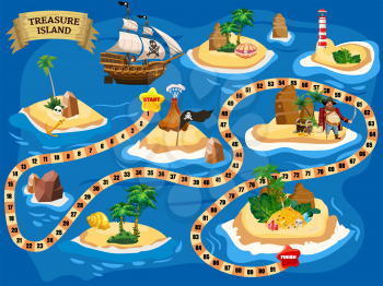 Treasure Island Pirate Board Game Map, Ocean Route. Travel adventure pirate naval ship, pile gold treasure, for kids. Vector illustration cartoon style isolated
