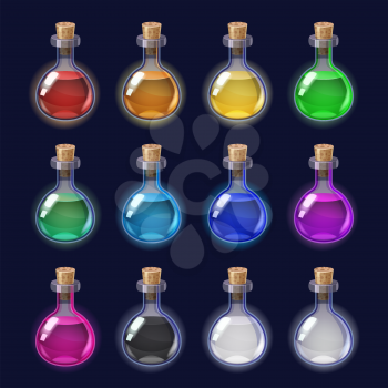 Set Bottles liquid potion magic elixir colorful . Game icon GUI for app games user interface. Vector illstration