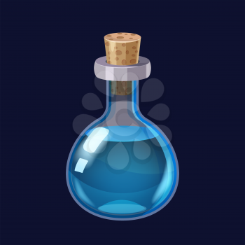 Bottle with liquid blue potion magic elixir game icon GUI. Vector illstration for app games user interface