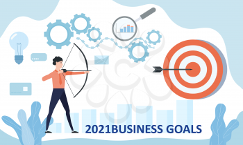 Businessman leader archer aiming shooting at a target 2021 year. Business achievement focus consept successful. Vector illustration