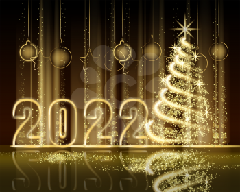 Merry Christmas and Happy New Year 2022, tree gold lights dust decoration, golden blurred magic glow on dark background. Merry Christmas holiday celebration. Vector illustration banner greeting card isolated