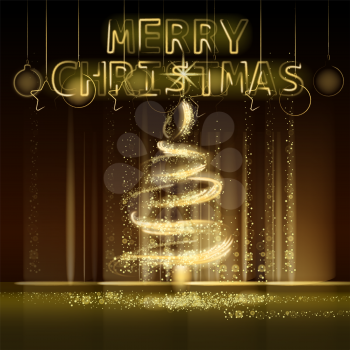 Christmas tree gold lights dust decoration, golden blurred magic glow on dark background. Merry Christmas holiday celebration. Vector illustration banner greeting card isolated