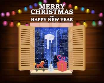 Merry Chrismas window, night, decoraions garland retro, view from the window to the night cityscape, retro toys, christmas tree. Xmas and new Year holiday celebration. Vector illustration flat cartoon style isolated