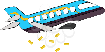 A blue jet plane is dropping parcels of golden color from the sky vector color drawing or illustration 