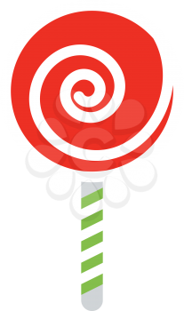 A red spiral lollypop candy with green & white striped stick to hold vector color drawing or illustration 