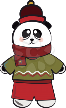 A panda is ready for Christmas celebration with its green sweater & red pants vector color drawing or illustration 
