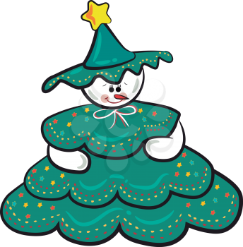 A doll dressed in the green tree costume with colorful decoration & star on the hat vector color drawing or illustration 