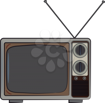 A classic black & white TV with manual nob & antenna on the top vector color drawing or illustration 