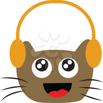 Smiling brown cat with headphones vector illustration on white background.