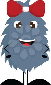 Dark grey furry smiling monster with red hair bow vector illustration on white background.