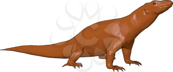 A dinosaur or wild reptile creature predator not too big looks very scary It has four legs smooth skin and absence of hairs on body and can run fast to kill prey vector color drawing or illustration