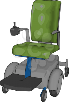 This power chair is six wheeled and non-folding in nature having different parts like chassis battery controller or arm-rest mounted joystick seat etc vector color drawing or illustration