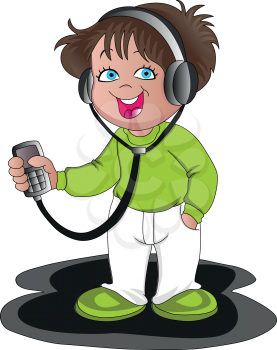 Vector illustration of boy holding cell phone and listening to music on headphones.