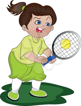 Vector illustration of angry girl with tennis racket and ball.