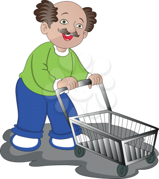 Vector illustration of man pushing empty shopping cart.