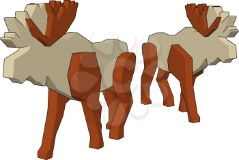 Two white reindeer toy with white and brown color made up of wood walking silently on road vector color drawing or illustration