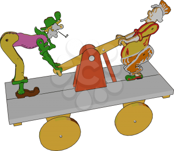 An amazing toy having wheels cardboard and two clowns standing on that cardboard vector color drawing or illustration
