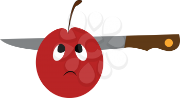 A cartoon of an apple with sad face which has a knife through it vector color drawing or illustration