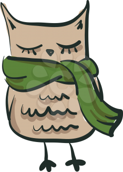 An image of a rectangular shaped owl with eyes closed wearing a green muffler vector color drawing or illustration