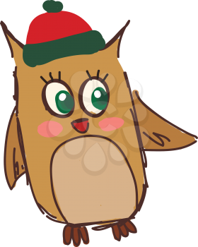 A happy looking owl looking sideways and wearing a red cap vector color drawing or illustration