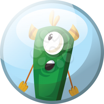 Cartoon character of a green monster with one eye looking suprised vector illustration in blue circle on white background.