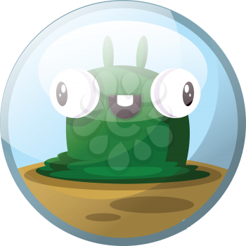 Cartoon character of a green slug monster with eyes standing out smiling and standing on brown ground vector illustration in light blue circle on white background.