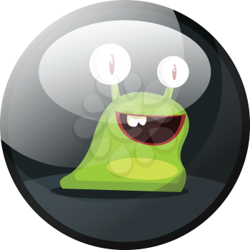 Cartoon character of a green smiling snail vector illustration in dark grey circle on white background.
