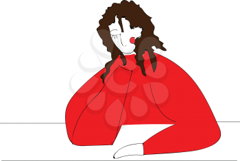 Girl in red sweater and brown curly hair  vector illustration on white background 