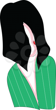 Abstract portrait of a girl with black hair in a green shirt with white stripes  vector illustration on white background 