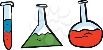 Chemistry glass flasks with colorful liquid vector illustration on white background