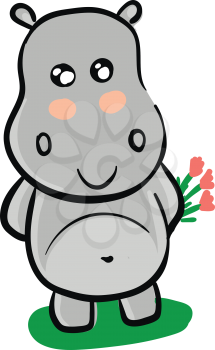 Smiling grey hippo with pink flowers vector illustration on white background 