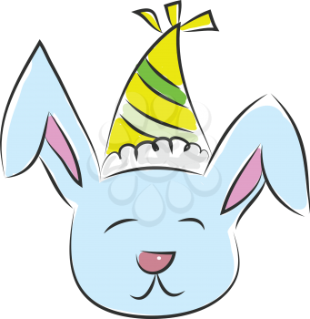 Light blue smiling bunny with a yellow and green party hat vector illustration on white background 