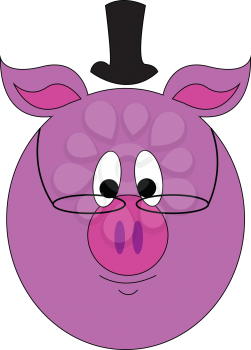 Pink pig with a high hat and round eyeglasses vector illustration on white background 