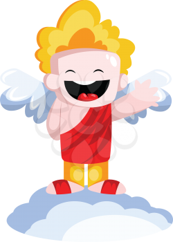 Cute vector illustration of smiling cupid dressed in red standing on a cloud and waving white background.