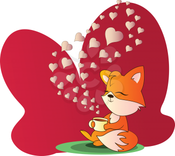 Orange and white fox sitting and drinking a cup of coffee vector illistration in red blob on white background.