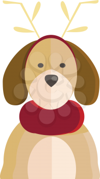 A dog with horn costume and red scarf on neck vector color drawing or illustration 